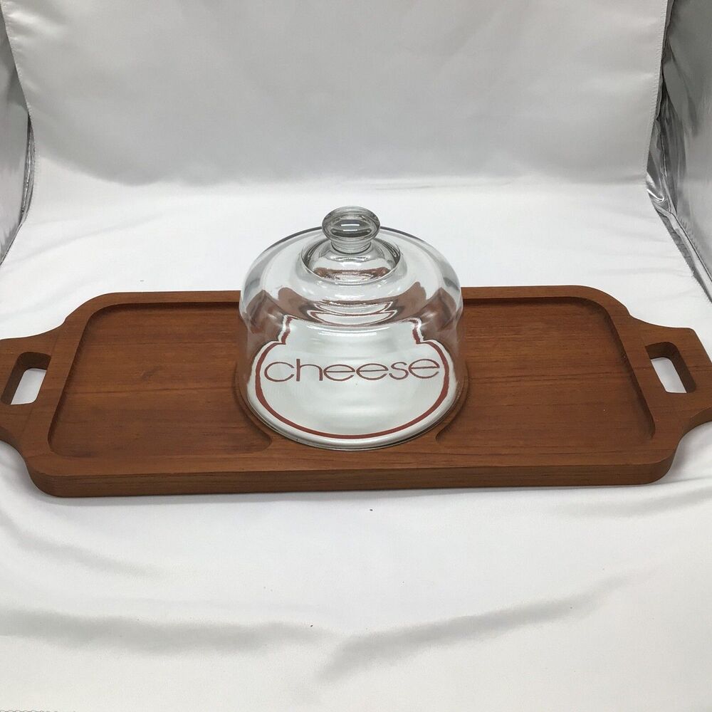 Vintage Goodwood Teak Wood Cheese Tray with Glass Dome 21” X 8”